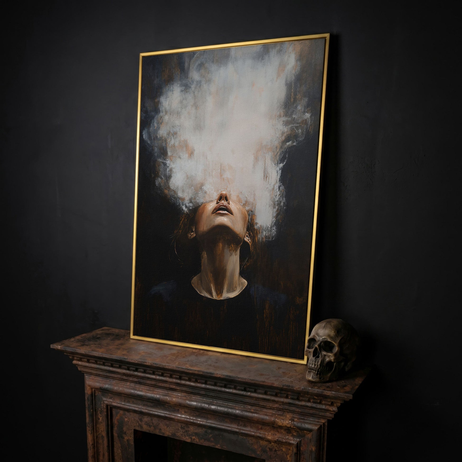Surreal Woman with Smoke Effect Canvas in yellow gold floating frame