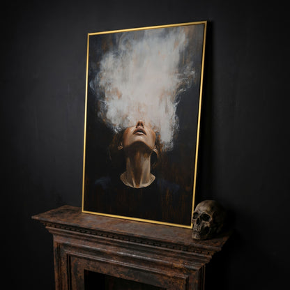 Surreal Woman with Smoke Effect Canvas in yellow gold floating frame