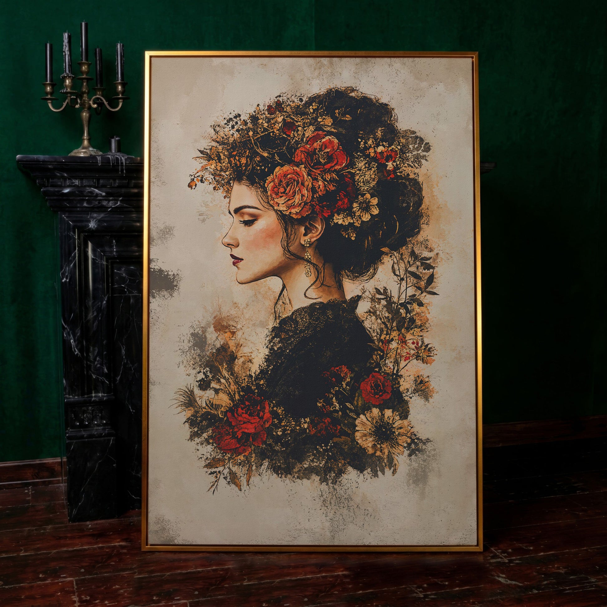 Woman in Profile with Flowers, Portrait Canvas Wall Art in antique gold floating frame