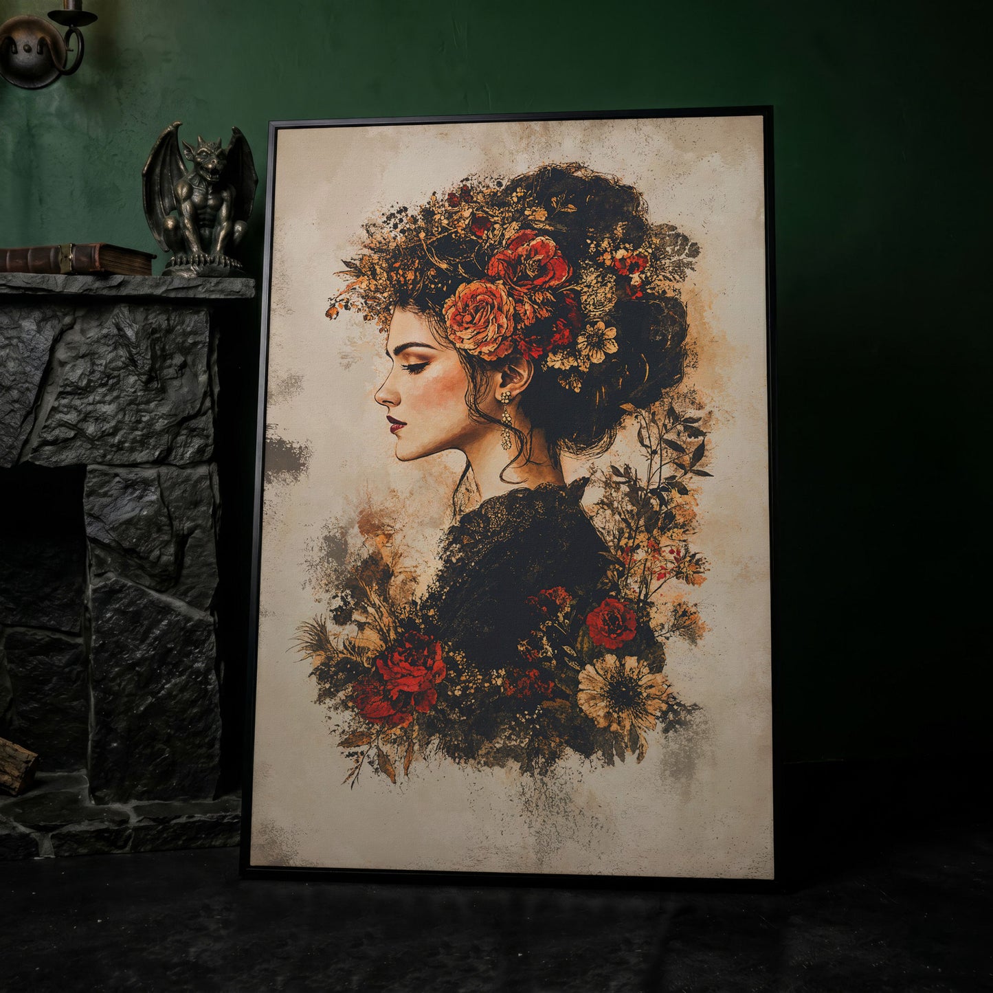 Woman in Profile with Flowers, Portrait Canvas Wall Art in black floating frame