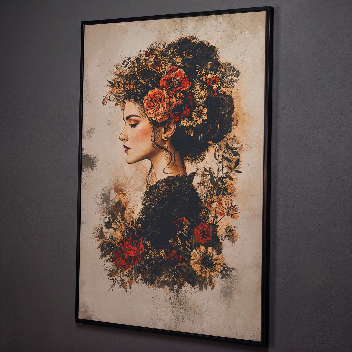 Woman in Profile with Flowers, Portrait Canvas Wall Art shown in black floating frame
