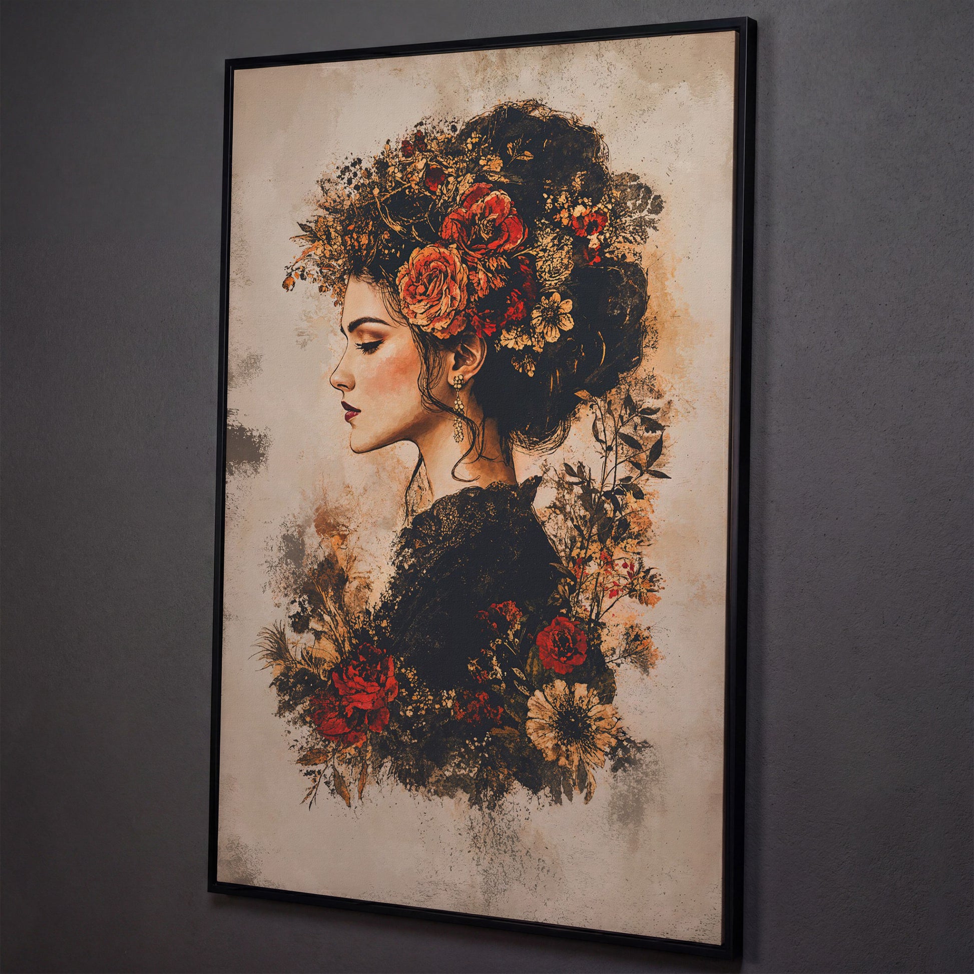 Woman in Profile with Flowers, Portrait Canvas Wall Art shown in black floating frame
