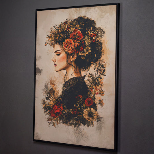Woman in Profile with Flowers, Portrait Canvas Wall Art shown in black floating frame