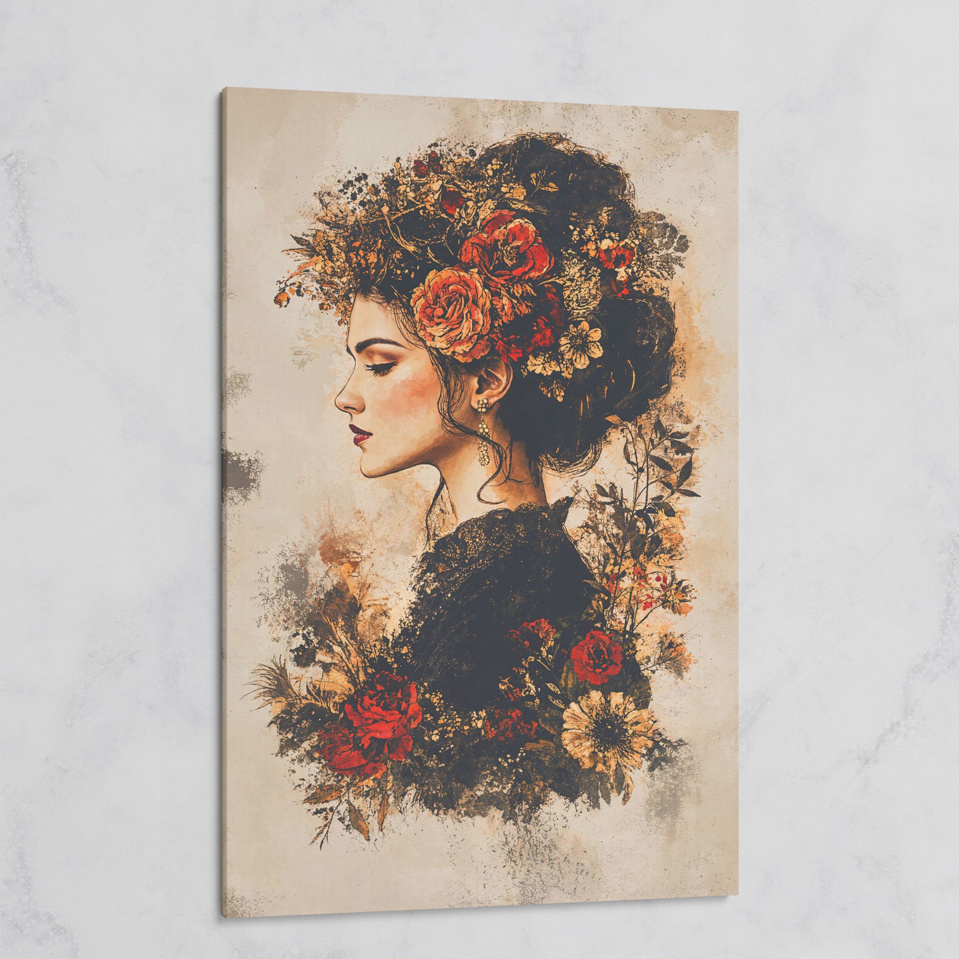 Woman in Profile with Flowers, Portrait Canvas Wall Art on gallery wrap