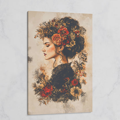 Woman in Profile with Flowers, Portrait Canvas Wall Art on gallery wrap