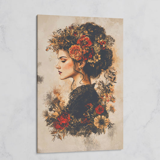 Woman in Profile with Flowers, Portrait Canvas Wall Art on gallery wrap