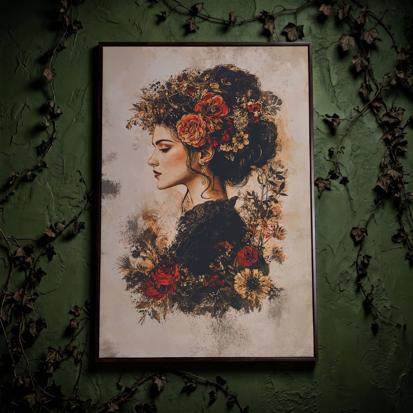 Woman in Profile with Flowers, Portrait Canvas Wall Art in dark walnut floating frame