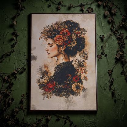 Woman in Profile with Flowers, Portrait Canvas Wall Art in dark walnut floating frame