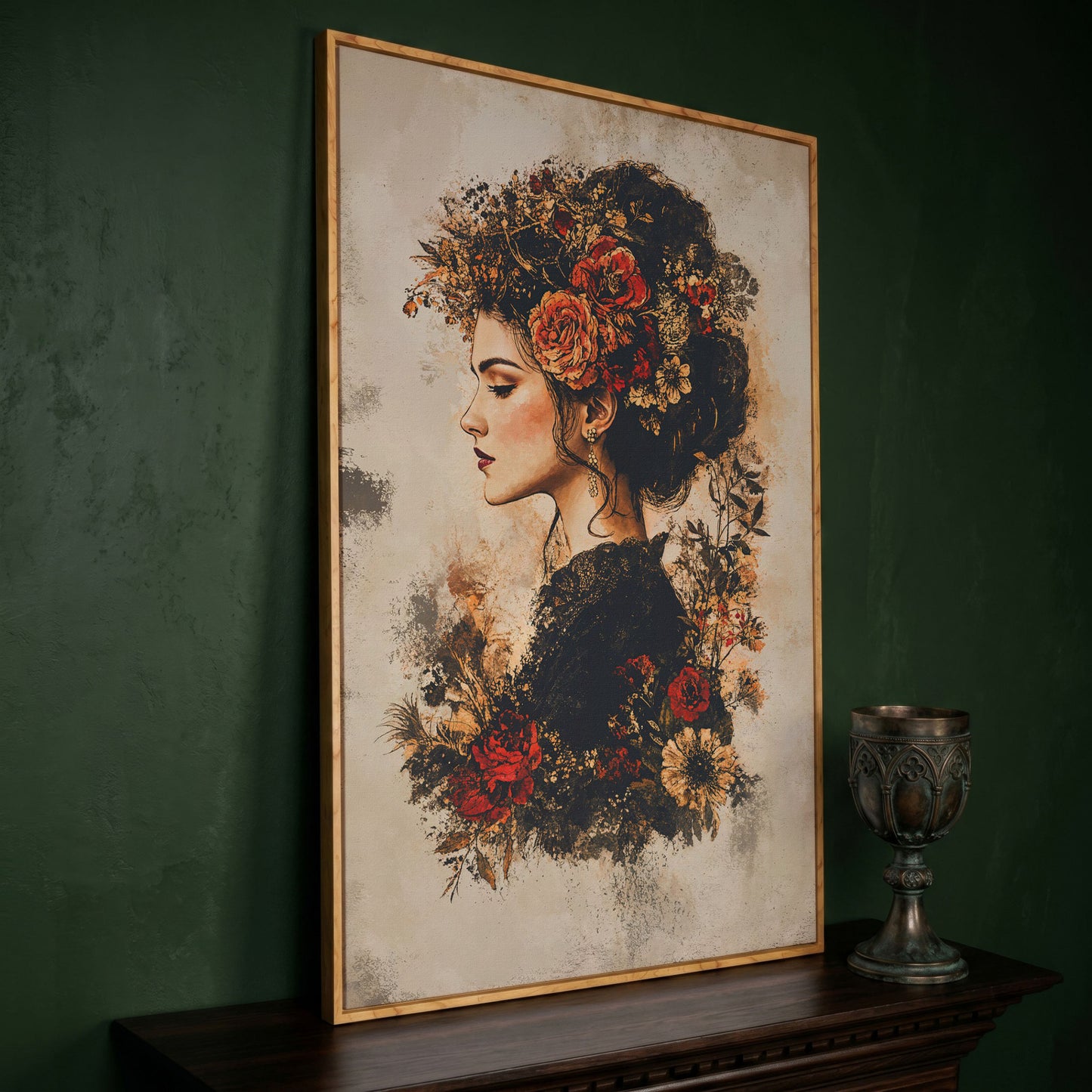 Woman in Profile with Flowers, Portrait Canvas Wall Art in white oak floating frame
