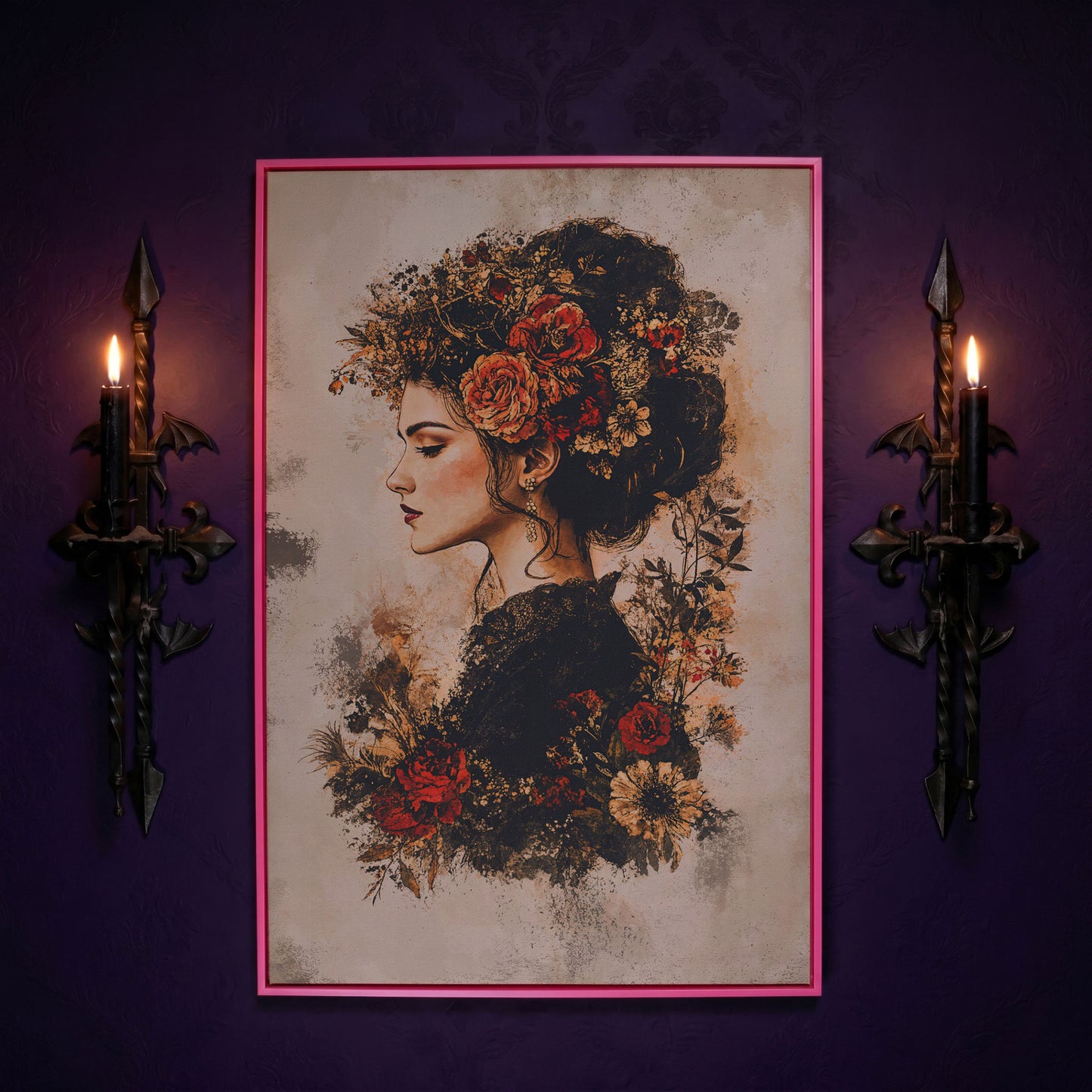 Woman in Profile with Flowers, Portrait Canvas Wall Art in pink floating frame