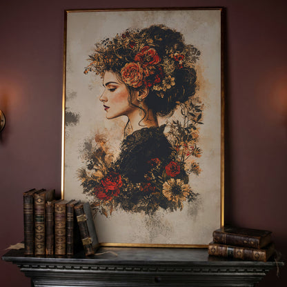 Woman in Profile with Flowers, Portrait Canvas Wall Art in rose gold floating frame
