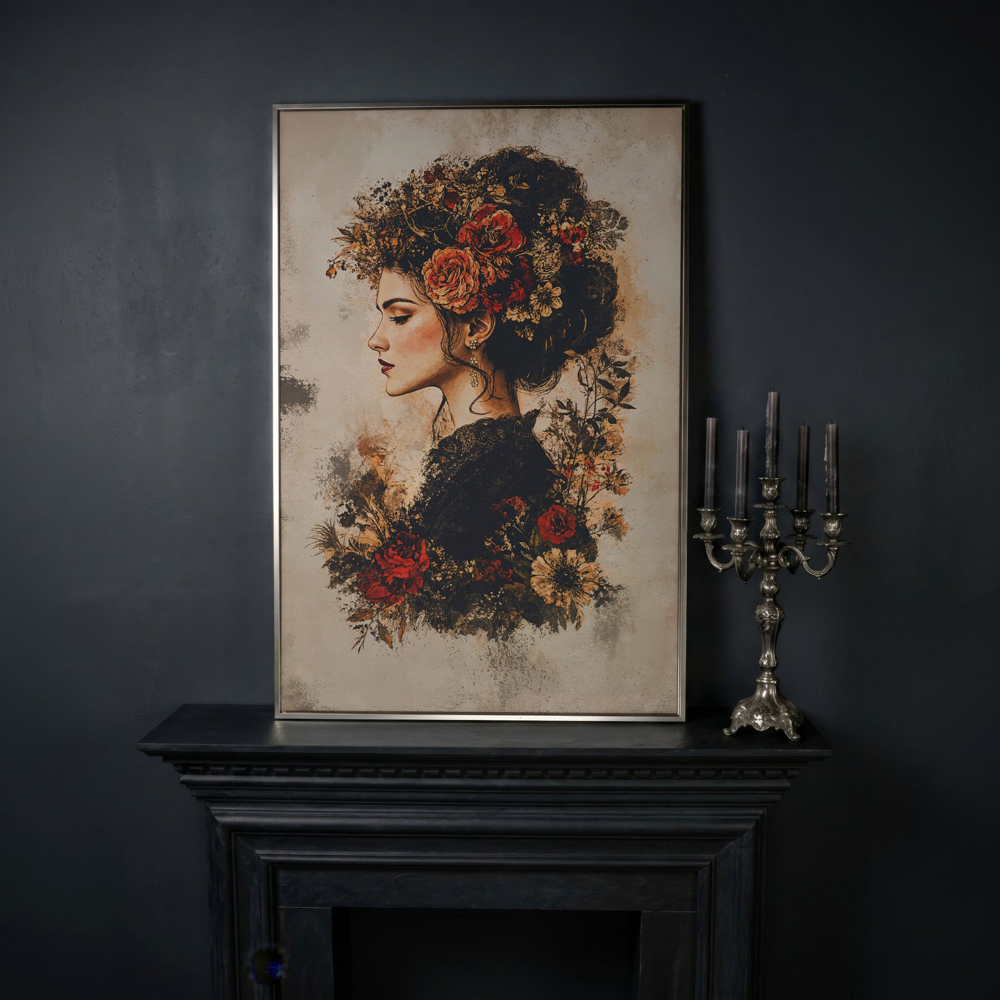 Woman in Profile with Flowers, Portrait Canvas Wall Art in silver floating frame