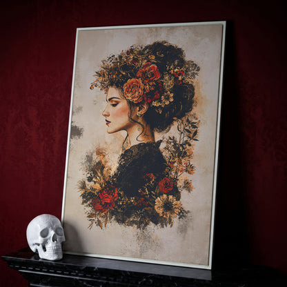 Woman in Profile with Flowers, Portrait Canvas Wall Art in white floating frame