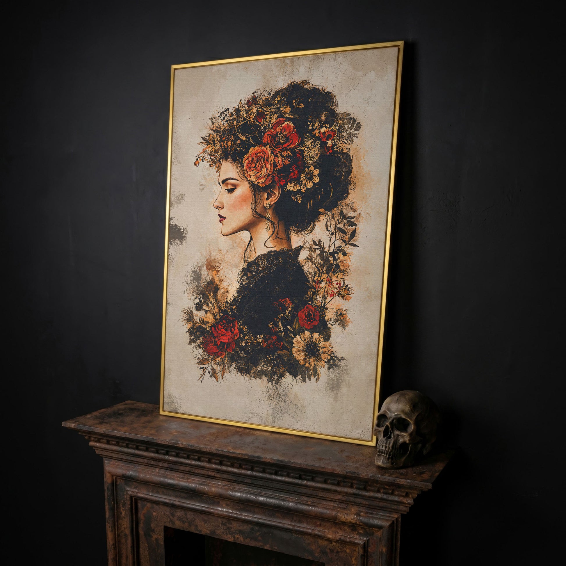 Woman in Profile with Flowers, Portrait Canvas Wall Art in yellow gold floating frame