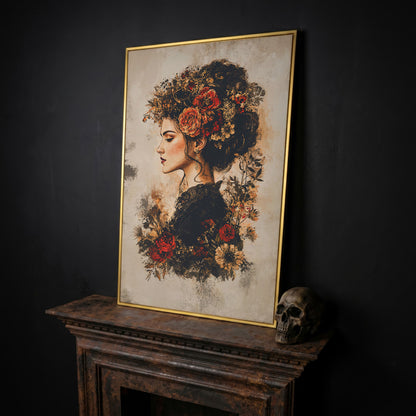 Woman in Profile with Flowers, Portrait Canvas Wall Art in yellow gold floating frame