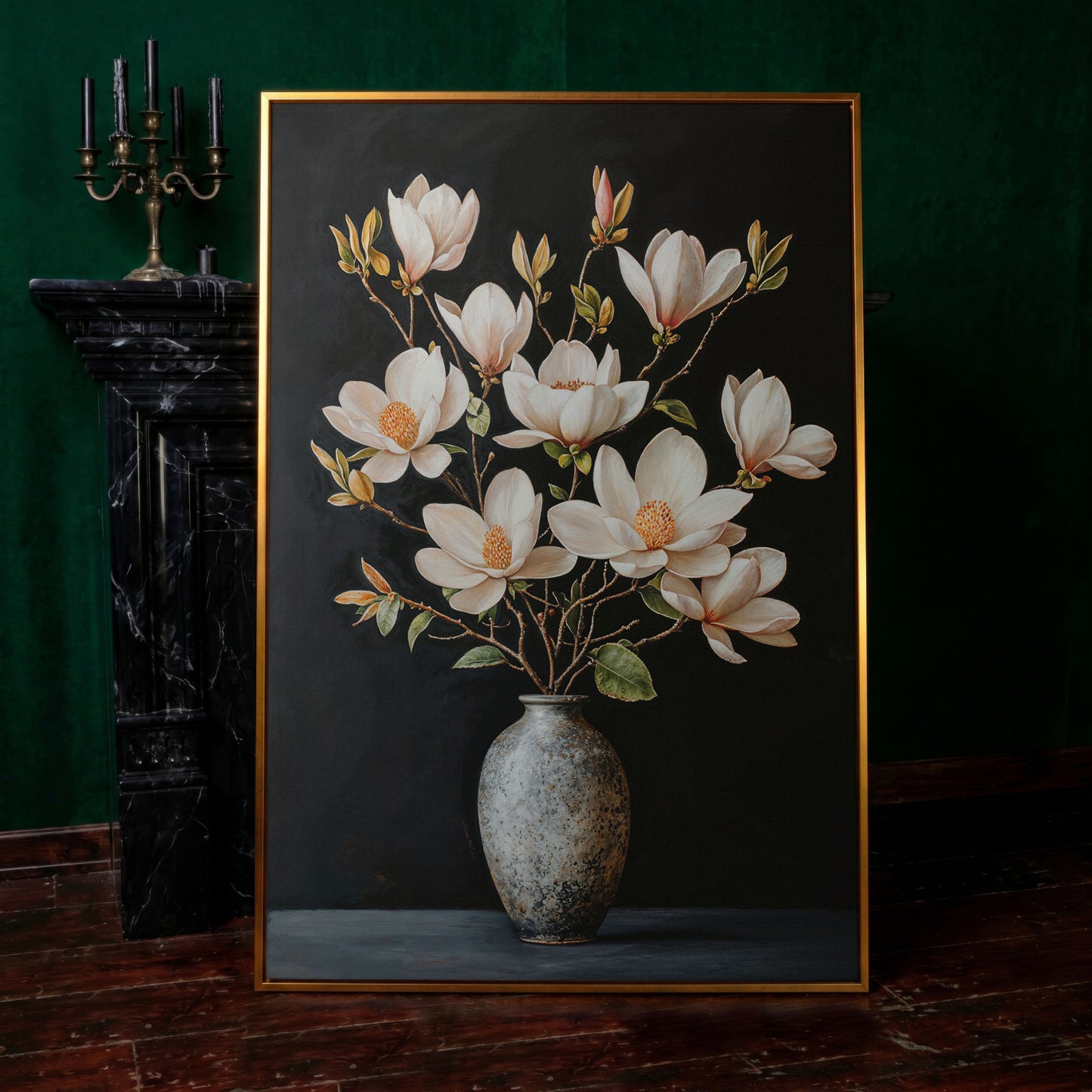 Magnolia Flowers in Vase Canvas Wall Art in antique gold floating frame