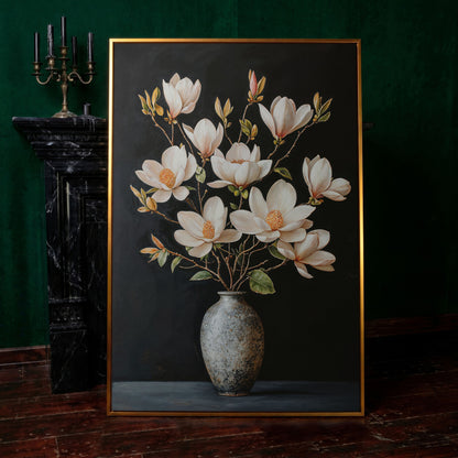 Magnolia Flowers in Vase Canvas Wall Art in antique gold floating frame
