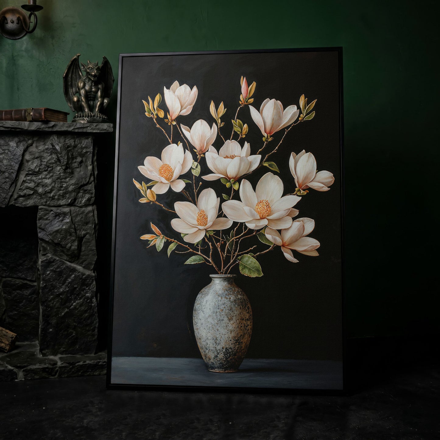 Magnolia Flowers in Vase Canvas Wall Art in black floating frame