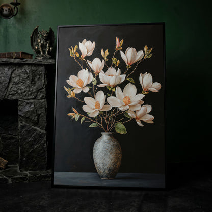 Magnolia Flowers in Vase Canvas Wall Art in black floating frame