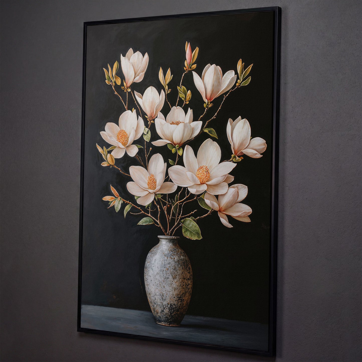 Magnolia Flowers in Vase Canvas Wall Art shown in black floating frame