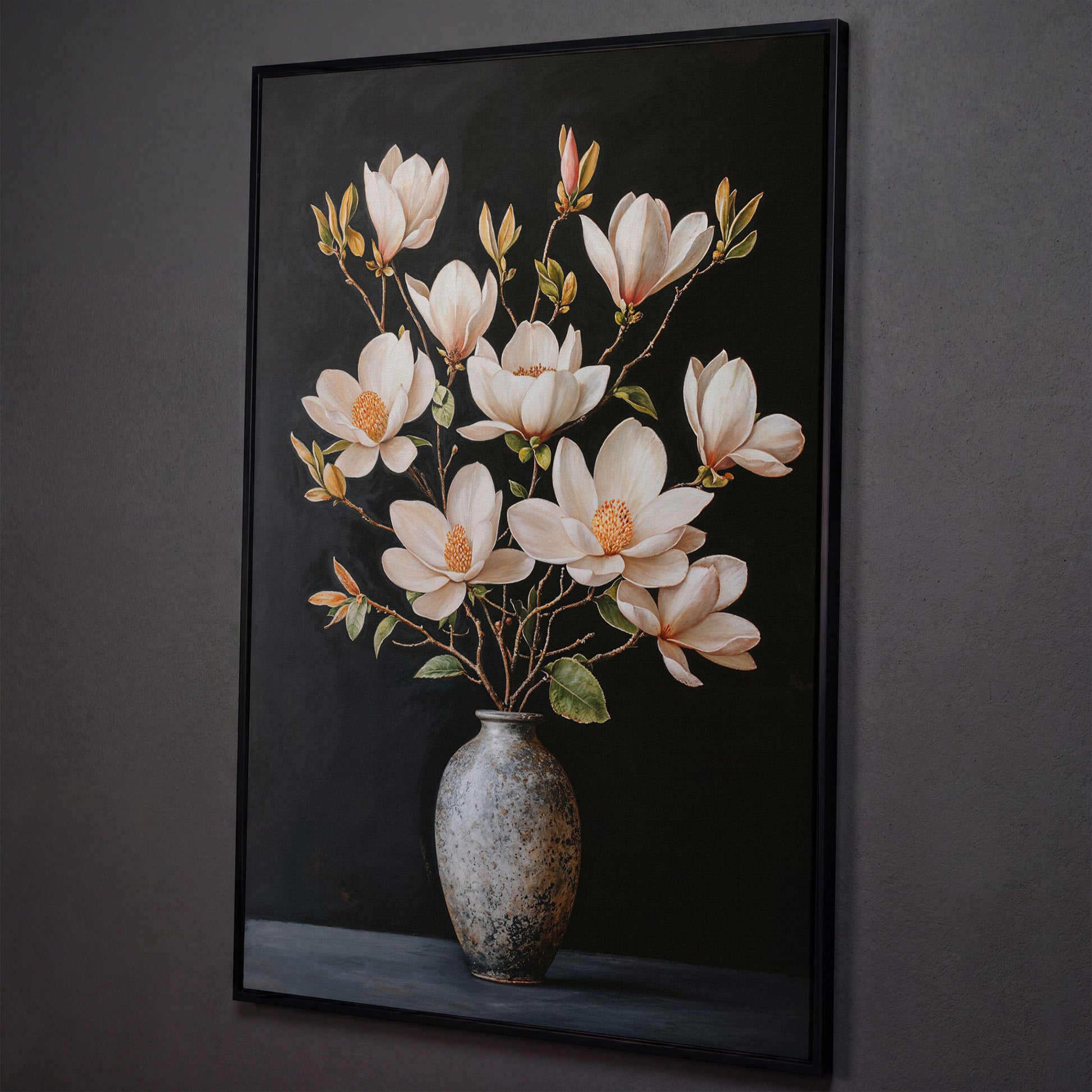 Magnolia Flowers in Vase Canvas Wall Art shown in black floating frame