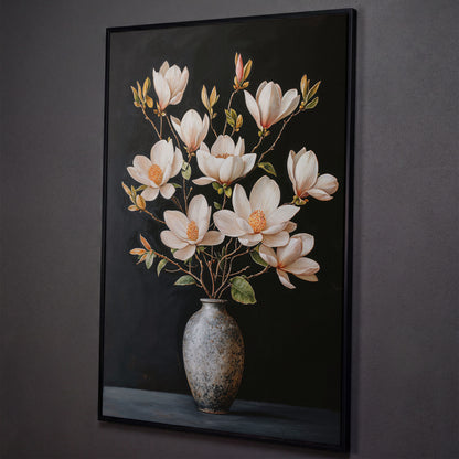 Magnolia Flowers in Vase Canvas Wall Art shown in black floating frame