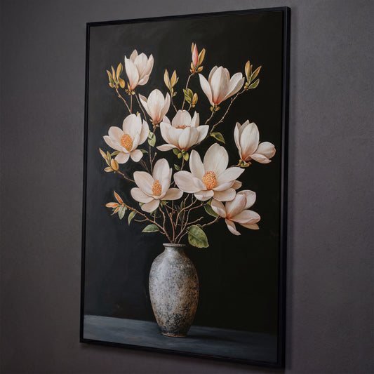 Magnolia Flowers in Vase Canvas Wall Art shown in black floating frame