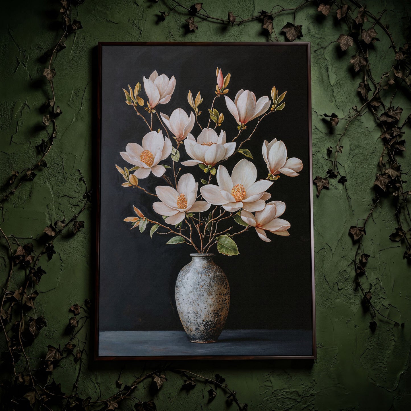 Magnolia Flowers in Vase Canvas Wall Art in dark walnut floating frame
