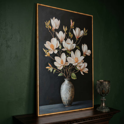 Magnolia Flowers in Vase Canvas Wall Art in white oak floating frame
