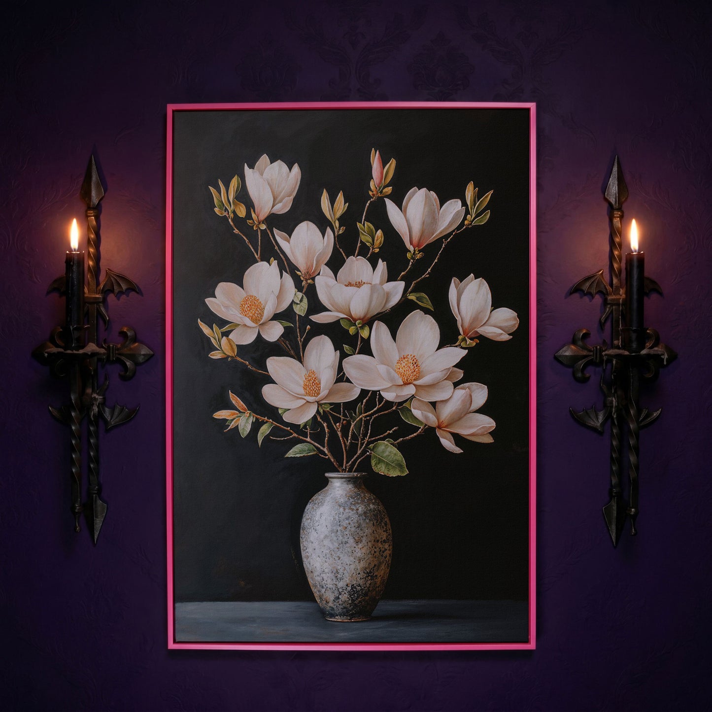 Magnolia Flowers in Vase Canvas Wall Art in pink floating frame