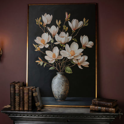 Magnolia Flowers in Vase Canvas Wall Art in rose gold floating frame
