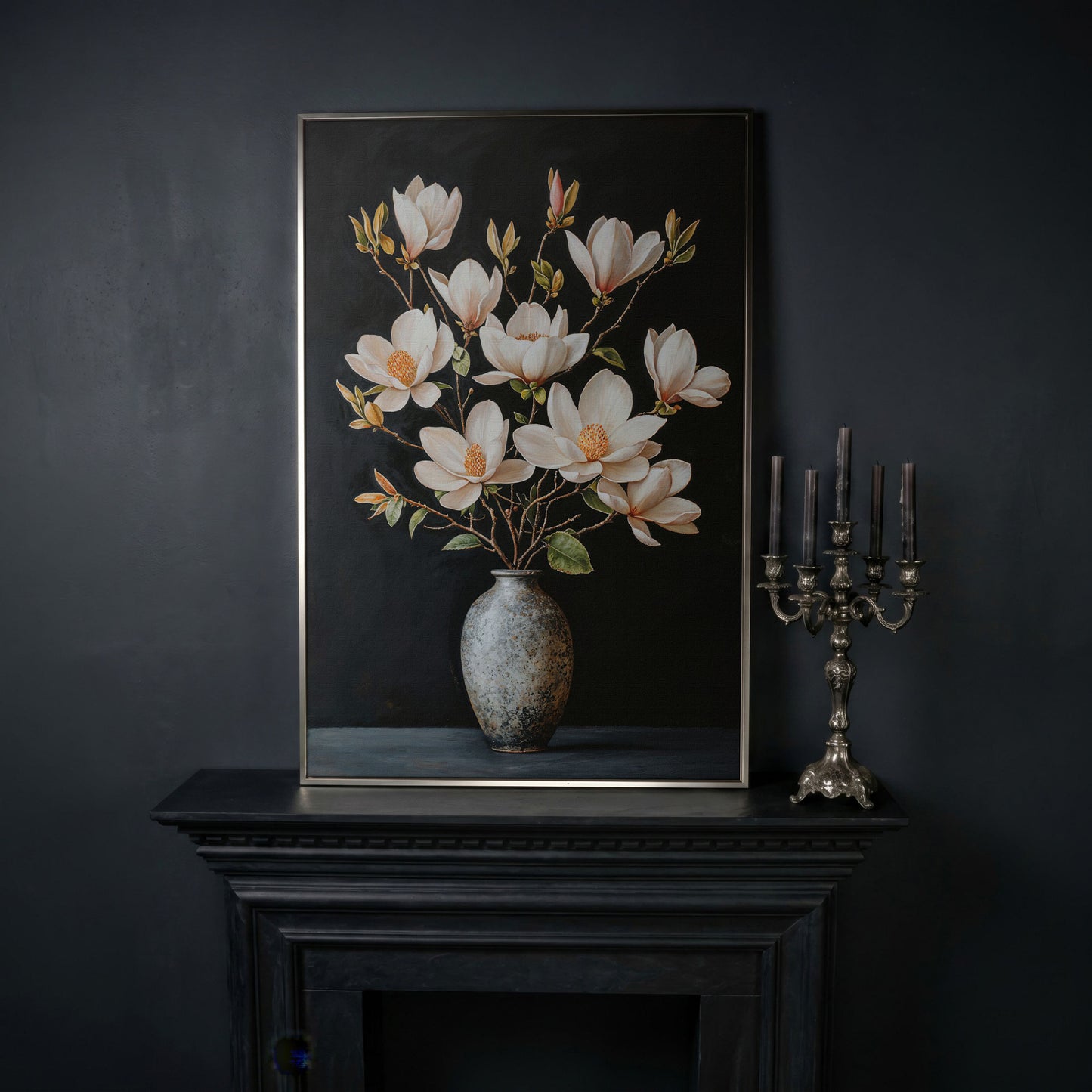 Magnolia Flowers in Vase Canvas Wall Art in silver floating frame