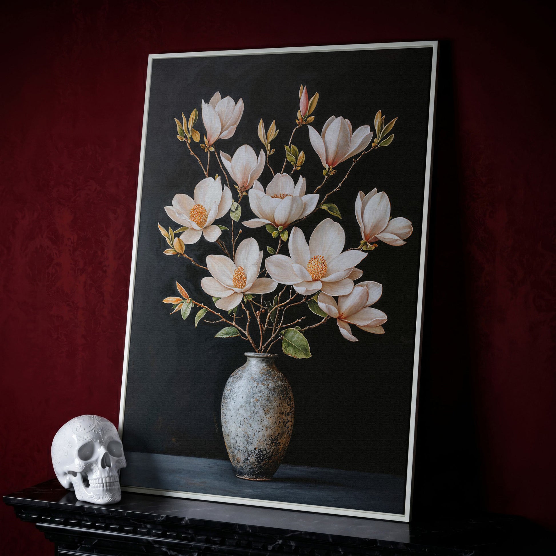 Magnolia Flowers in Vase Canvas Wall Art in white floating frame