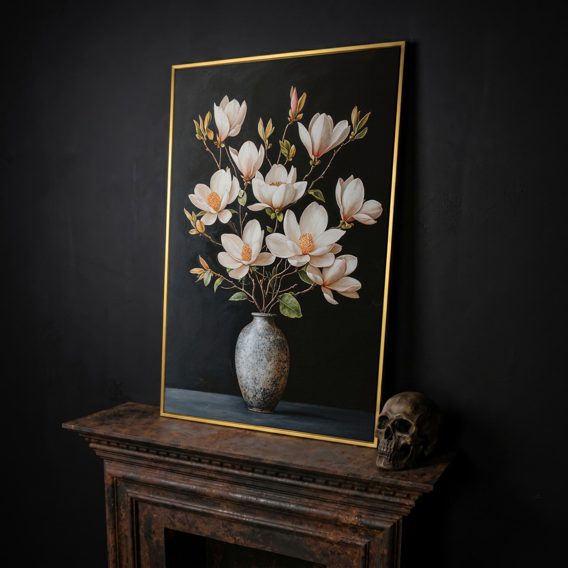 Magnolia Flowers in Vase Canvas Wall Art in yellow gold floating frame