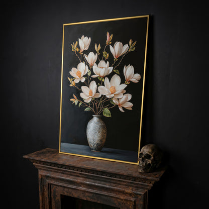 Magnolia Flowers in Vase Canvas Wall Art in yellow gold floating frame