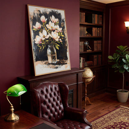 Magnolia Bouquet Canvas Print in antique gold floating frame