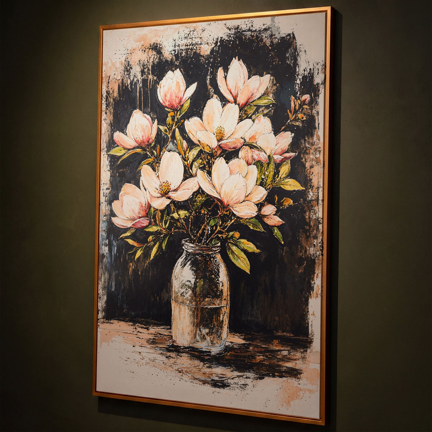 Magnolia Bouquet Canvas Print shown in antique gold floating frame