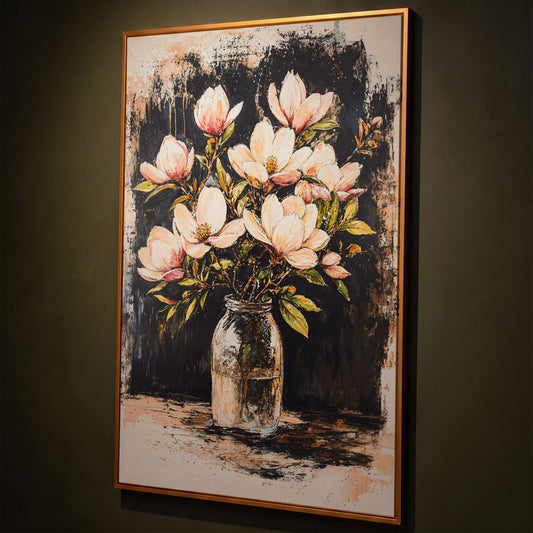 Magnolia Bouquet Canvas Print shown in antique gold floating frame