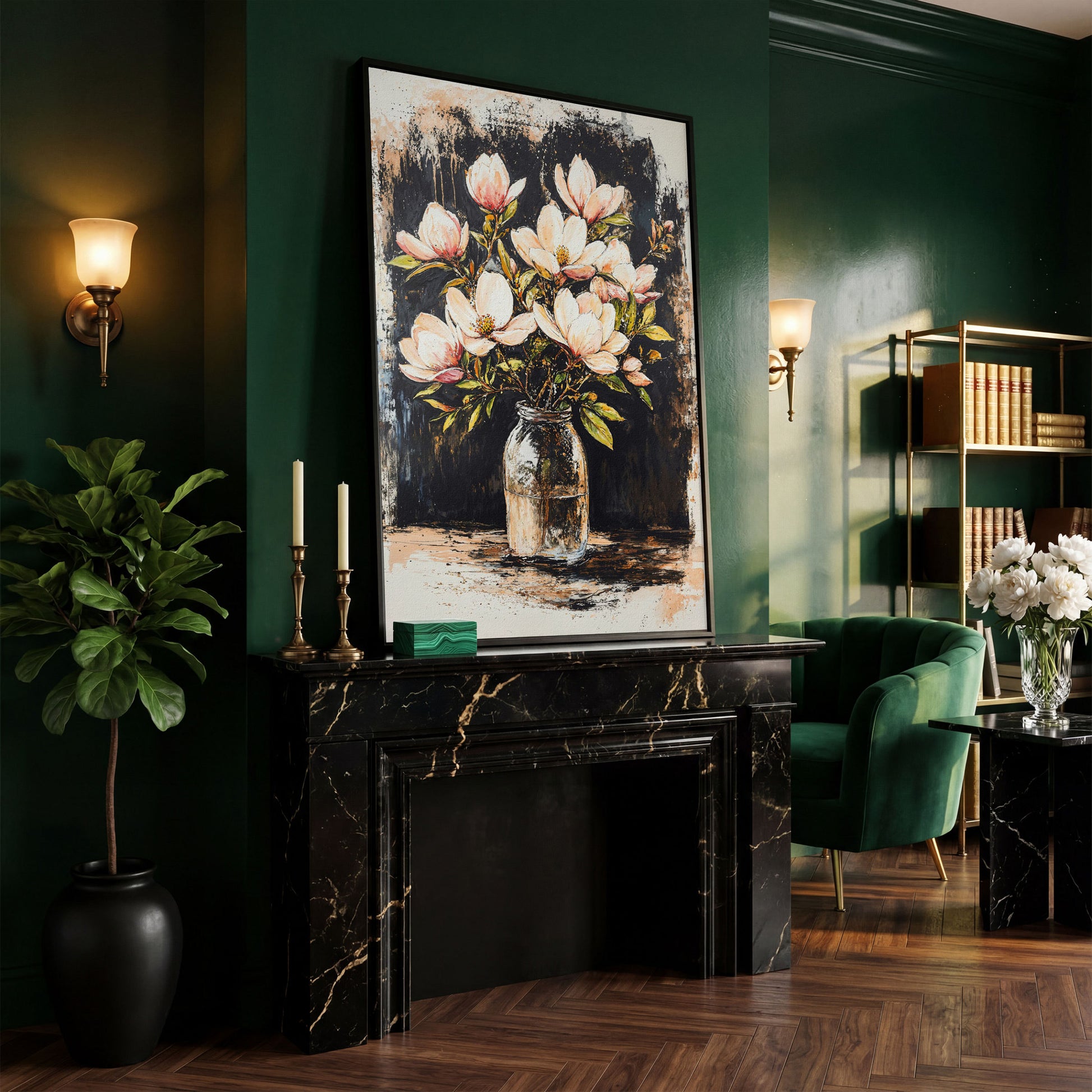 Magnolia Bouquet Canvas Print in black floating frame