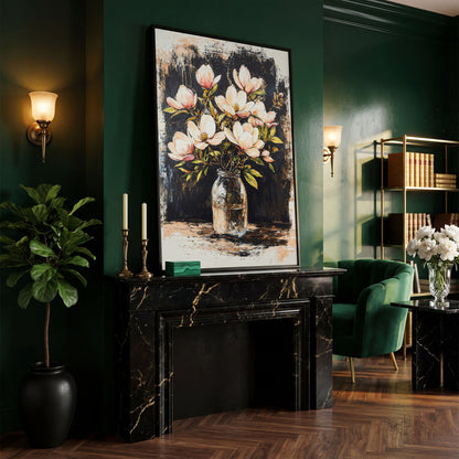 Magnolia Bouquet Canvas Print in black floating frame