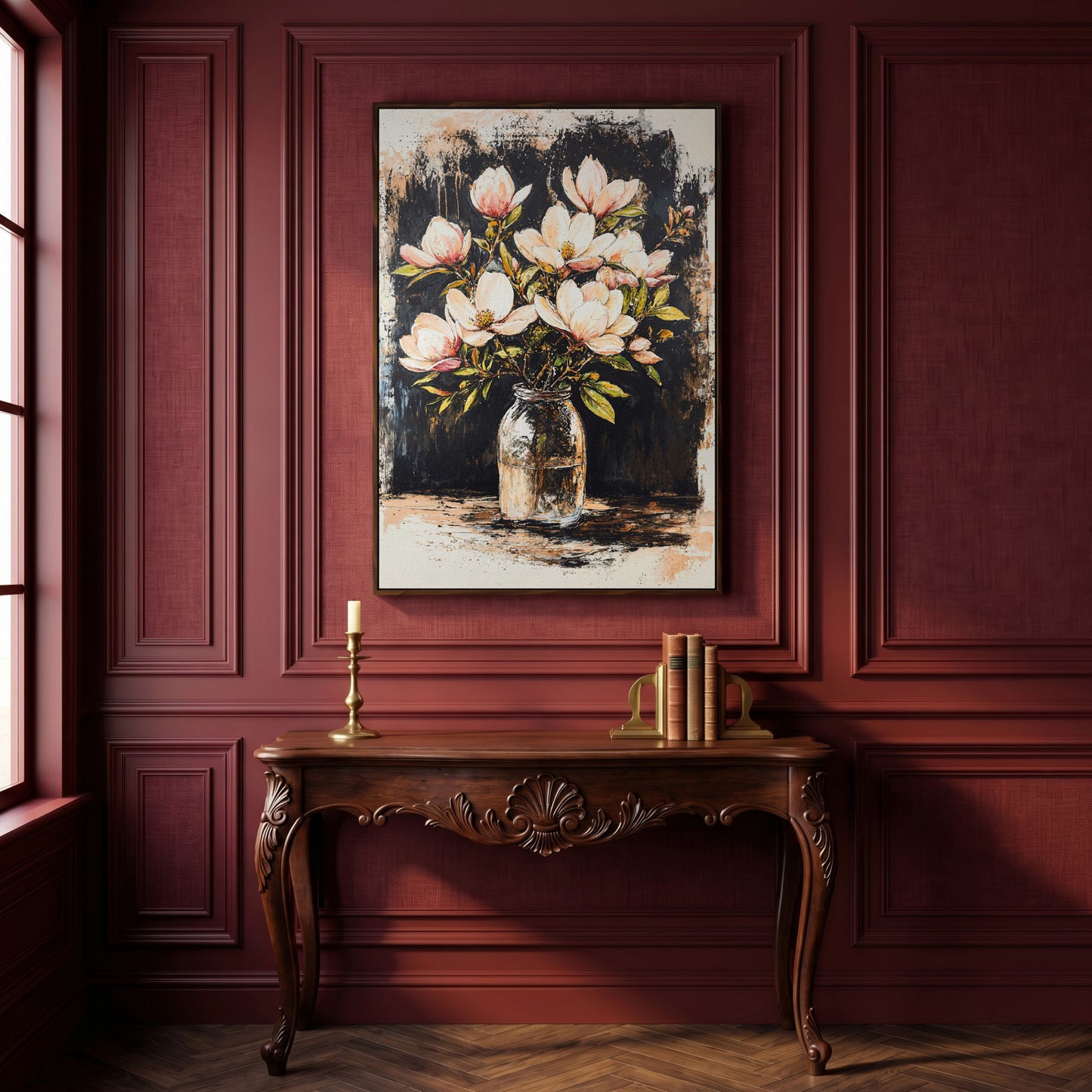 Magnolia Bouquet Canvas Print in dark walnut floating frame