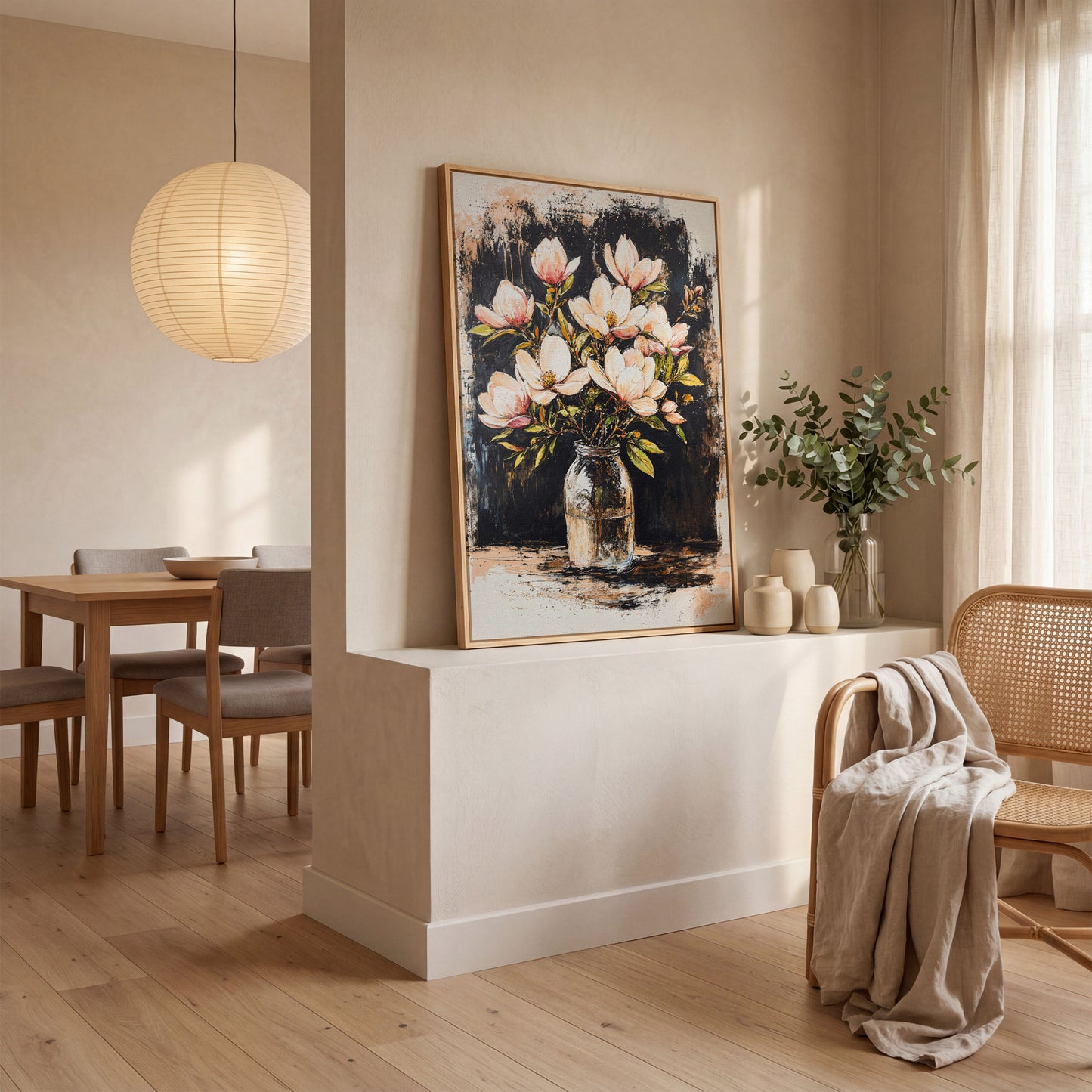 Magnolia Bouquet Canvas Print in white oak floating frame