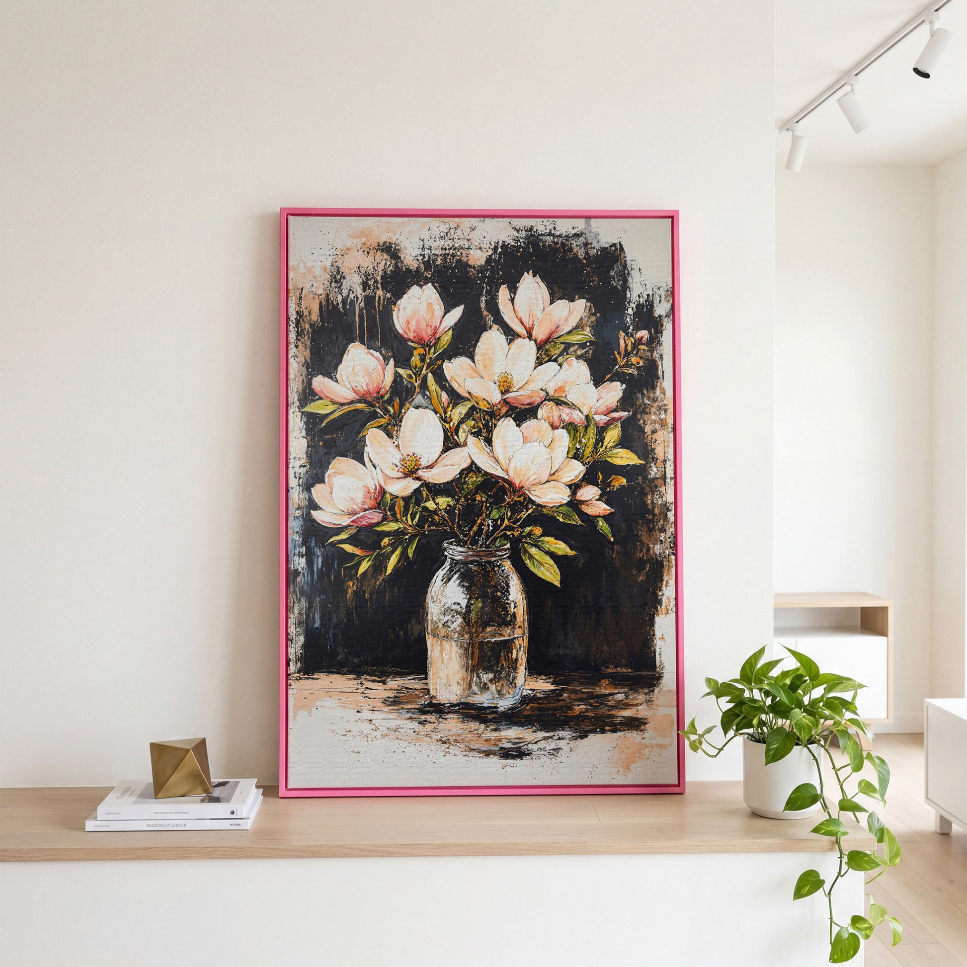 Magnolia Bouquet Canvas Print in pink floating frame