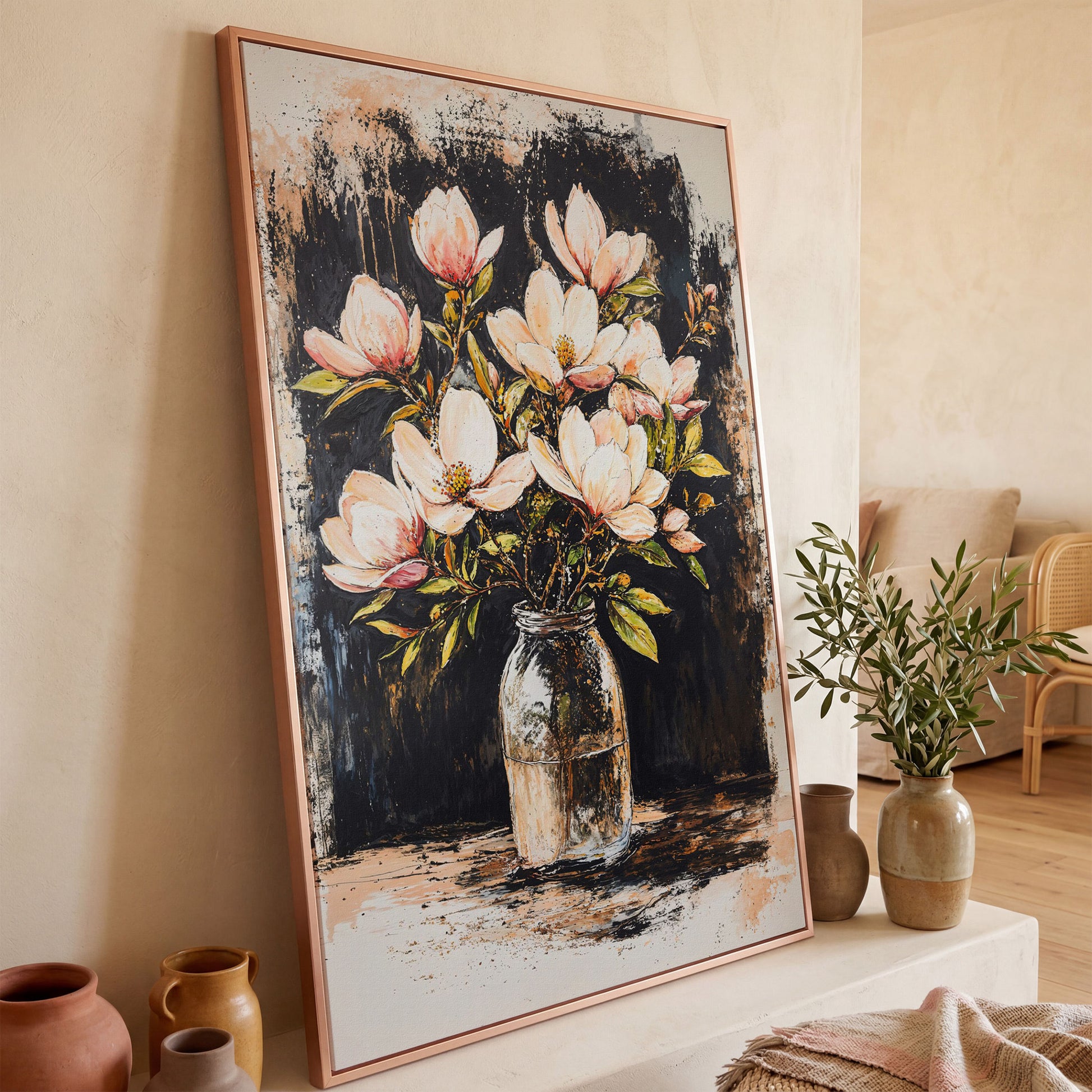Magnolia Bouquet Canvas Print in rose gold floating frame
