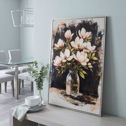 Magnolia Bouquet Canvas Print in silver floating frame