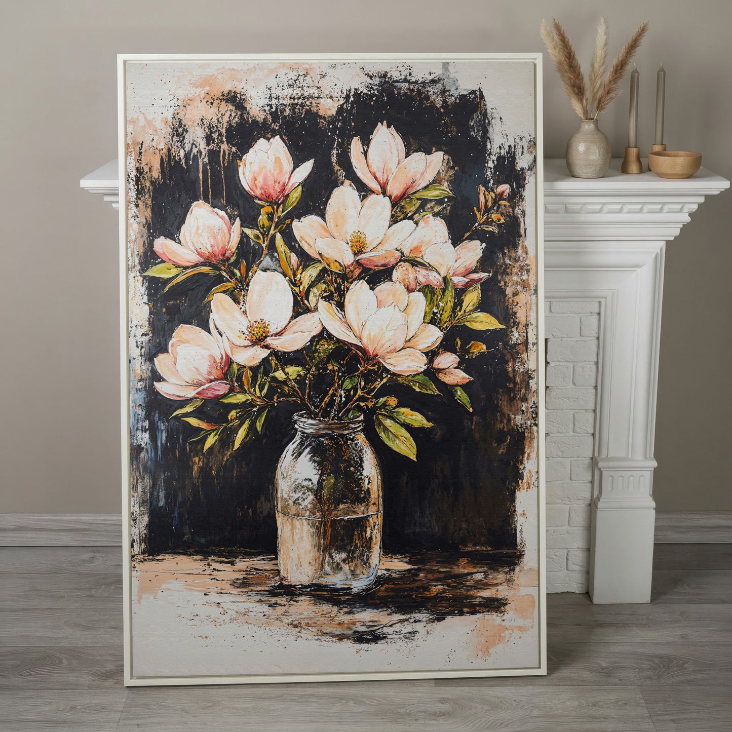 Magnolia Bouquet Canvas Print in white floating frame