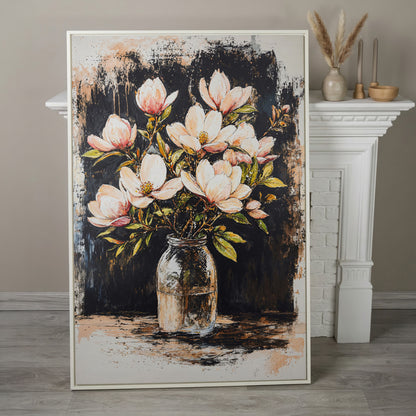 Magnolia Bouquet Canvas Print in white floating frame