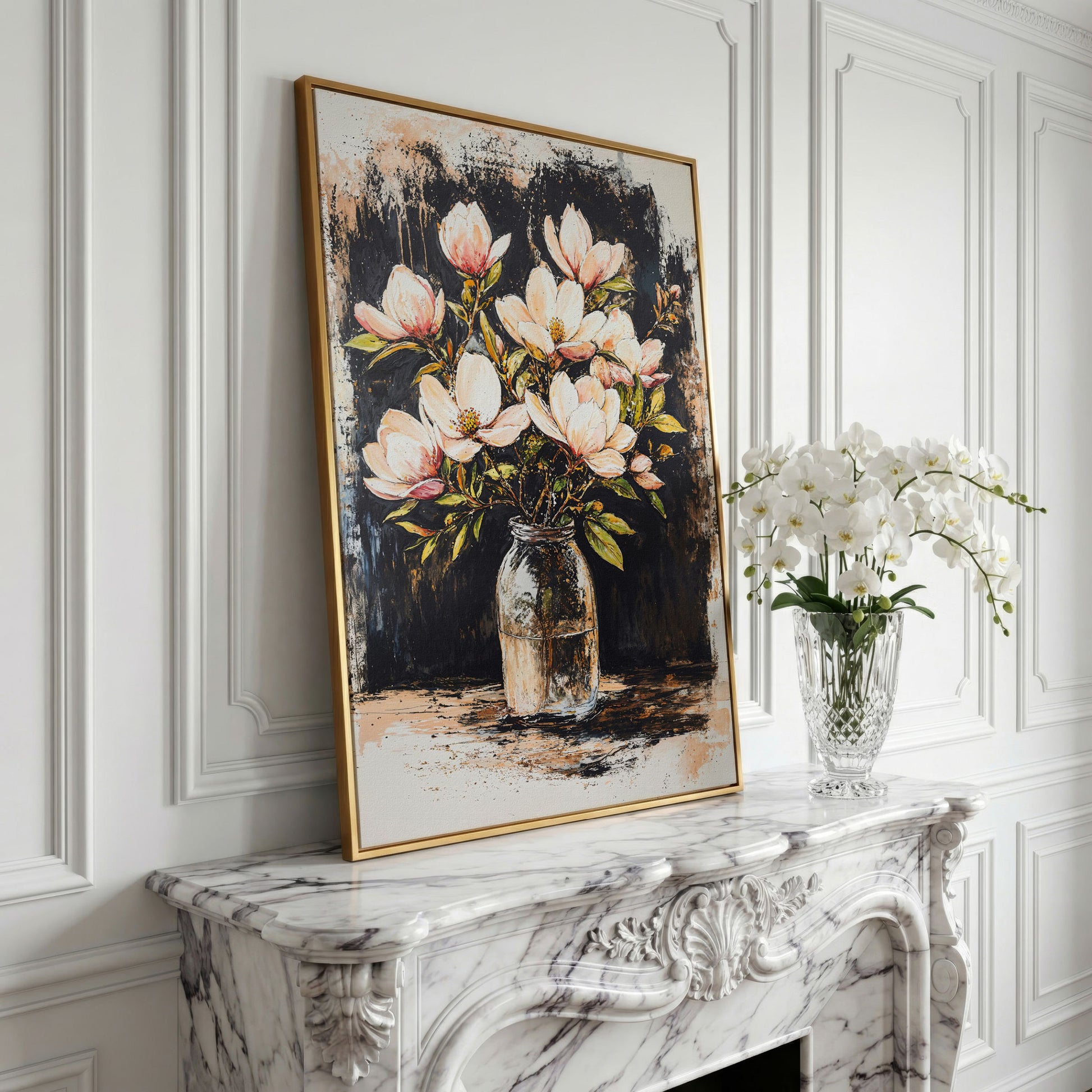 Magnolia Bouquet Canvas Print in yellow gold floating frame