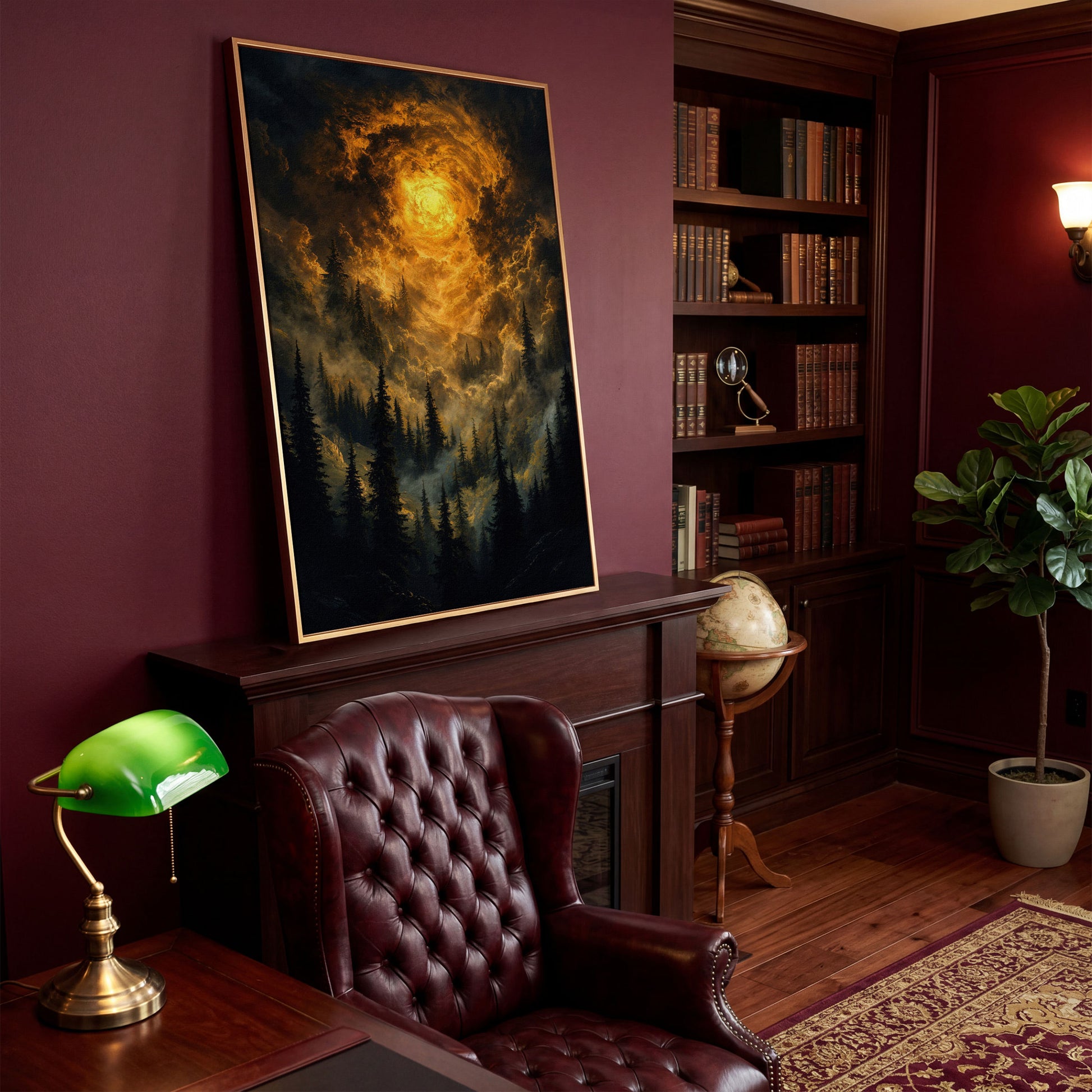 Burning Sky Over Evergreen Forest Canvas Wall Art in antique gold floating frame