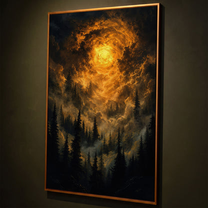 Burning Sky Over Evergreen Forest Canvas Wall Art shown in antique gold floating frame